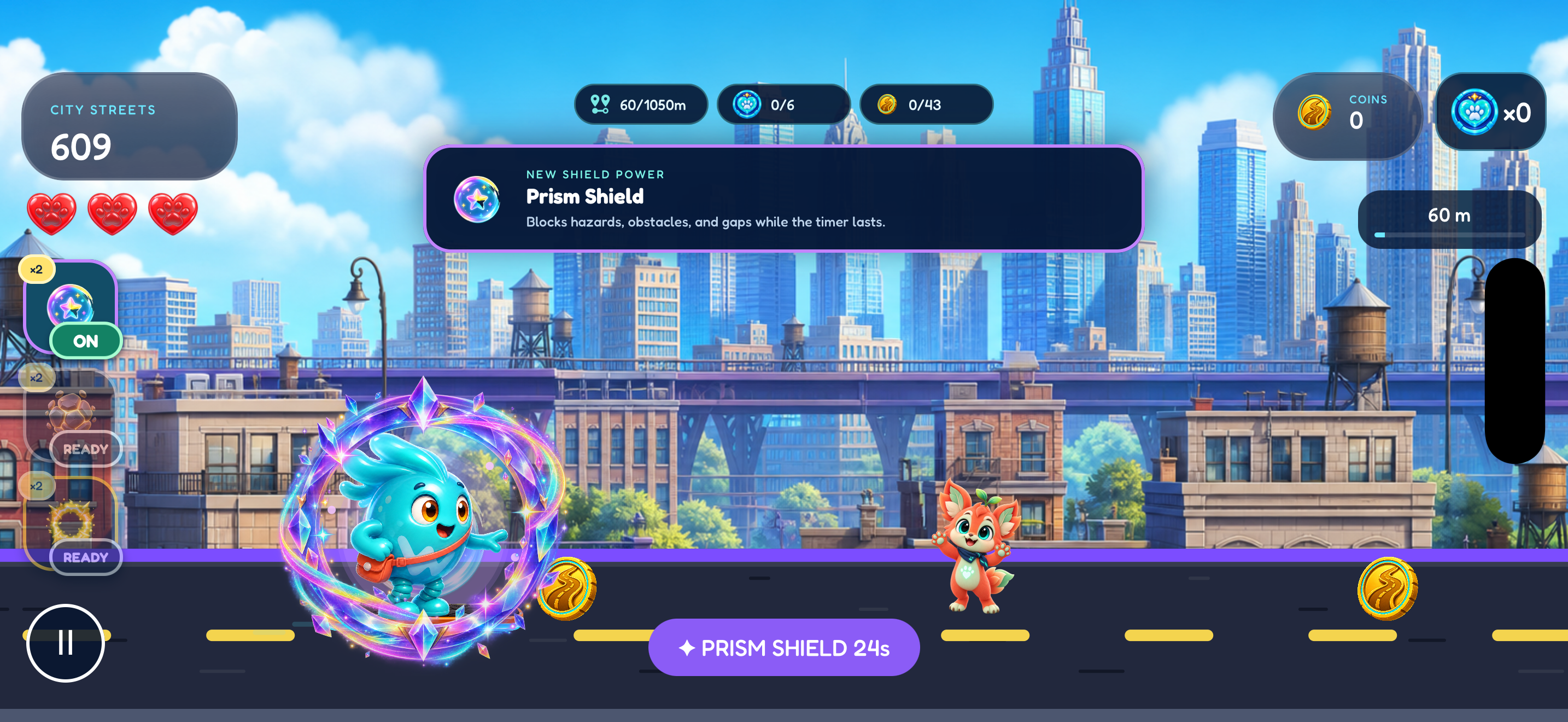 Pip riding through City Streets with the Prism Shield active